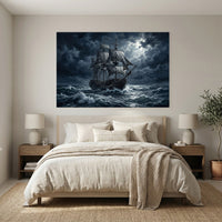 Dramatic Pirate Ship Oil Painting Style Canvas Print Wall Art, Nautical Theme - Mockup Display 3