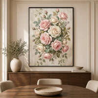 Romantic Pink Cream Roses Floral Oil Painting Style Canvas Print Wall Art Elegant Decor - Mockup Display 3
