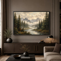 Serene Mountain Forest River Oil Painting Style Canvas Print Wall Art Décor - Mockup Display 3