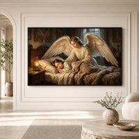 Classical Guardian Angel Child Oil Painting Style Canvas Print Wall Art, Divine Serenity - Mockup Display 3