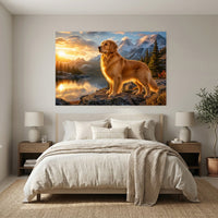 Majestic Golden Retriever Sunset Mountains Lake Art Print Canvas Wall Decor - Mockup Display 3