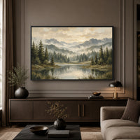 Misty Mountain Lake Landscape Oil Painting Style Canvas Print Wall Art, Rustic Decor - Mockup Display 3