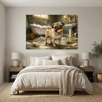 Pug Bathroom Stretched Canvas Wall Art, Humorous Dog Print, Vintage Powder Room Decor
