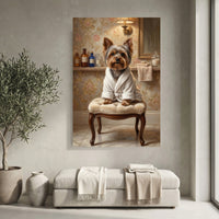 Yorkshire Terrier in Robe Oil Painting Style Canvas Print Wall Art, Elegant Bathroom Decor - Mockup Display 3