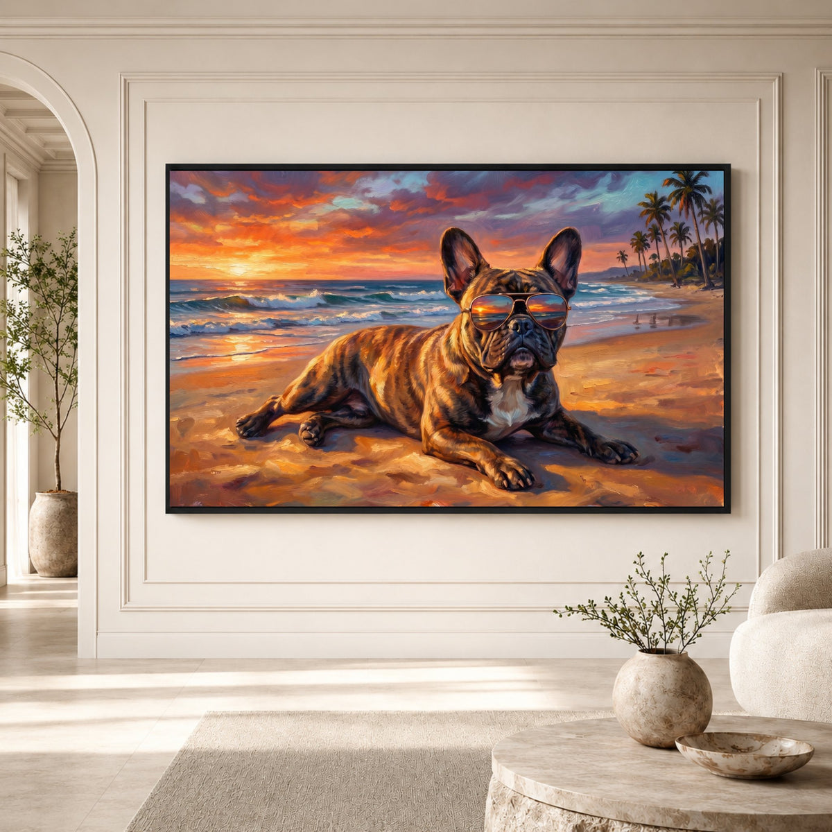 French Bulldog Sunset Beach Oil Painting Style Canvas Print Wall Art, Vibrant - Mockup Display 3