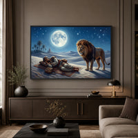 Desert Night Lion and Sleeping Man Oil Painting Style Canvas Print Wall Art - Mockup Display 3