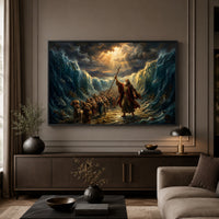 Moses Parting Red Sea Oil Painting Style Canvas Print Wall Art, Dramatic Biblical Scene - Mockup Display 3