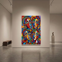 Colorful Abstract Faces Stretched Canvas Wall Art, Modern Geometric Portrait Print, Bold Room Decor
