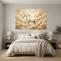 White Horse Galloping Oil Painting Style Canvas Print Wall Art, Golden Clouds - Mockup Display 3