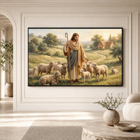 Good Shepherd Jesus Christ Oil Painting Style Canvas Print Wall Art, Serene Biblical Landscape - Mockup Display 3