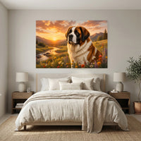 St. Bernard Dog Sunset Meadow Oil Painting Style Canvas Print Wall Art, Golden Hour - Mockup Display 3