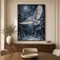 Majestic Barn Owl Snowy Forest Night Oil Painting Style Canvas Print Wall Art - Mockup Display 3