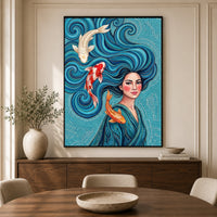 Vibrant Woman with Koi Fish Artistic Canvas Print Wall Art, Elegant Home Decor - Mockup Display 3