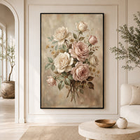 Romantic Blush & Cream Roses Oil Painting Style Canvas Print Wall Art, Elegant Home Decor - Mockup Display 3