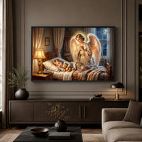 Guardian Angel Watching Child Oil Painting Style Canvas Print Wall Art, Serene Home Decor - Mockup Display 3