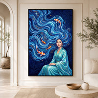 Elegant Woman with Flowing Water Hair Koi Fish Artistic Canvas Print Wall Art - Mockup Display 3