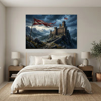 Dramatic Mountain Castle Libertas with Flags Canvas Print Wall Art, Epic Landscape. - Mockup Display 3