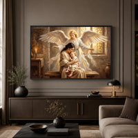 Guardian Angel Protecting Mother and Child Oil Painting Style Canvas Print Wall Art, Serene - Mockup Display 3
