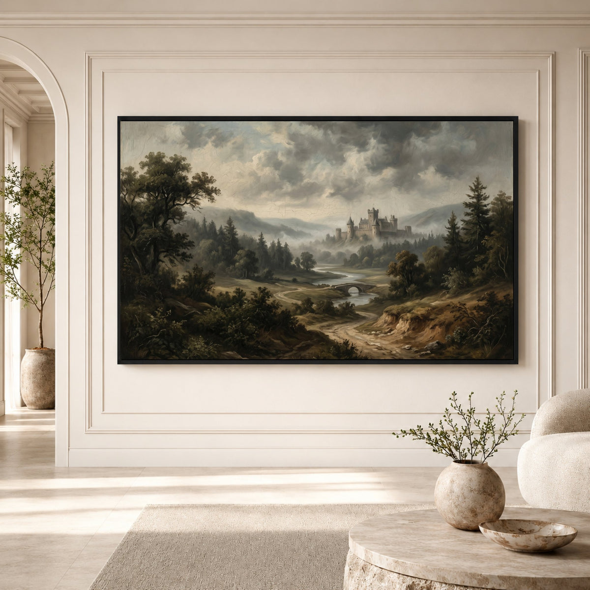 Misty Castle Landscape Oil Painting Style Canvas Print Wall Art, Majestic Scenery - Mockup Display 3