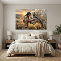 Native American Woman White Buffalo Oil Painting Style Canvas Print Wall Art Serene - Mockup Display 3