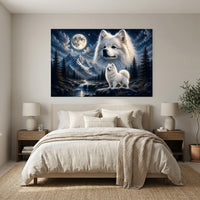 Fluffy White Samoyed Dogs Mountain Night Canvas Print Wall Art Decor - Mockup Display 3