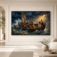 Jesus Christ Calming Storm Oil Painting Style Canvas Print Wall Art, Inspirational - Mockup Display 3