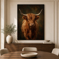Majestic Highland Cow Portrait Oil Painting Style Canvas Print Wall Art, Rustic Farmhouse Decor - Mockup Display 3