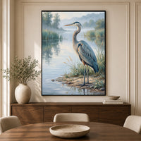 Great Blue Heron Oil Painting Style Canvas Print Wall Art, Serene Waterside Decor - Mockup Display 3