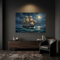 Dramatic Tall Ship Stormy Sea Moonlight Oil Painting Style Canvas Print Wall Art - Mockup Display 3
