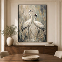 Elegant White Cranes Oil Painting Style Canvas Print Wall Art, Serene Decor - Mockup Display 3
