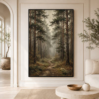 Misty Pine Forest Pathway Oil Painting Style Canvas Print Wall Art, Serene Decor - Mockup Display 3