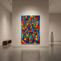 Geometric Faces Stretched Canvas Wall Art, Colorful Modern Portrait Print, Bold Living Room Decor