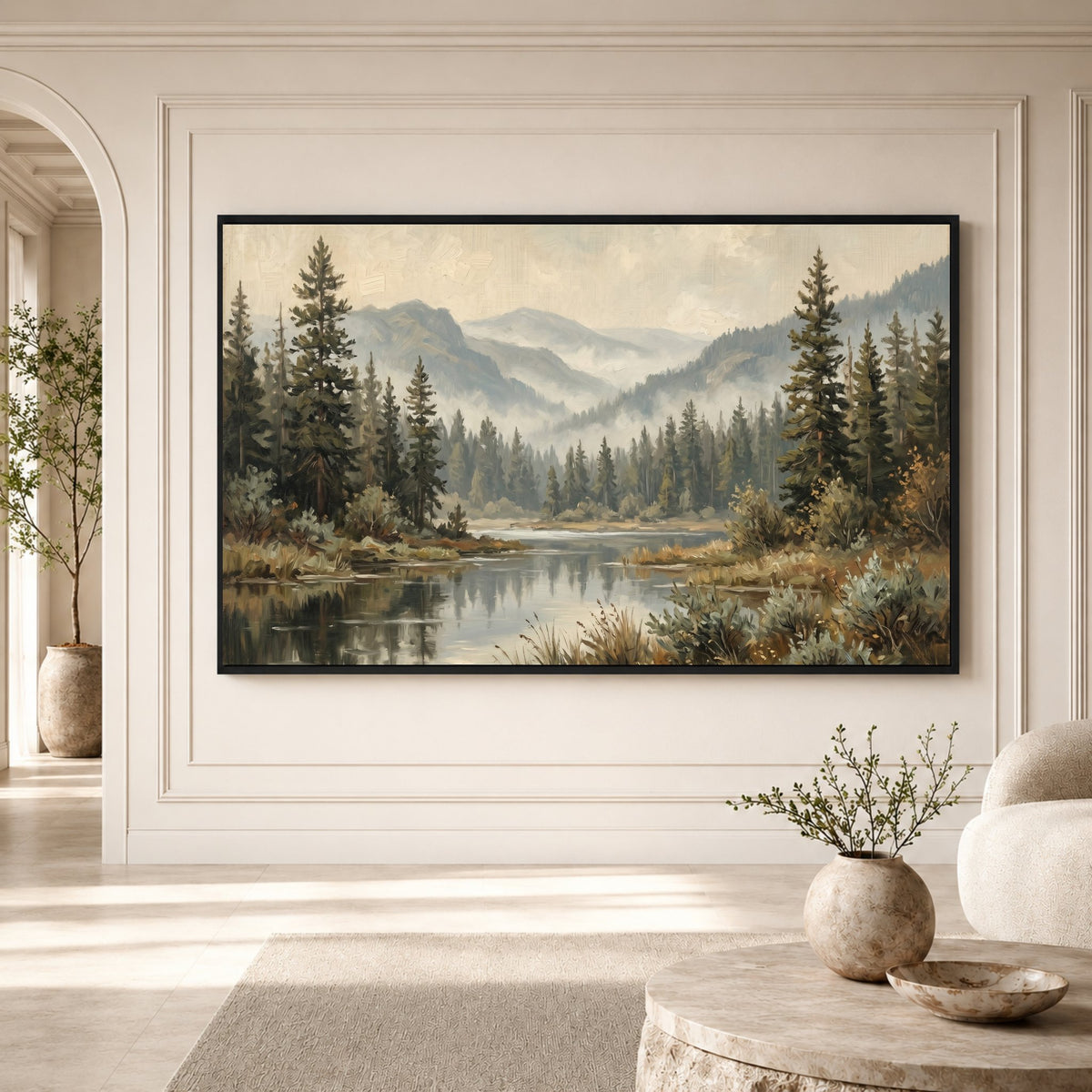Serene Forest Lake Landscape Oil Painting Style Canvas Print Wall Art, Tranquil View - Mockup Display 3