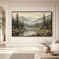 Serene Forest Lake Landscape Oil Painting Style Canvas Print Wall Art, Tranquil View - Mockup Display 3