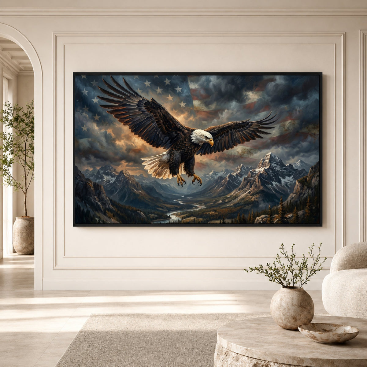 Majestic Bald Eagle Soaring Oil Painting Style Canvas Print Wall Art, Patriotic - Mockup Display 3