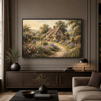 Charming English Cottage Garden Oil Painting Style Canvas Print Wall Art, Rustic Charm - Mockup Display 3