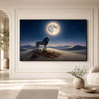 Mystical Desert Night Lion Guarding Man Canvas Print Wall Art, Dreamscape Decor - Mockup Display 3