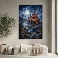 Enchanted Fantasy Castle Oil Painting Style Canvas Print Wall Art Night View - Mockup Display 3
