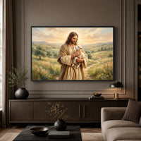 Jesus Christ Good Shepherd Oil Painting Style Canvas Print Wall Art, Spiritual Decor - Mockup Display 3