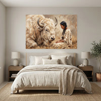 White Bison & Native American Woman Oil Painting Style Canvas Print Wall Art, Spirit - Mockup Display 3