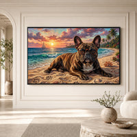 French Bulldog in Glasses on Tropical Sunset Beach Oil Painting Style Canvas Print Wall Art - Mockup Display 3