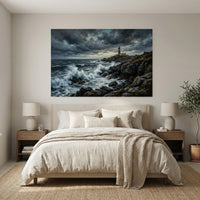 Stormy Lighthouse Stretched Canvas Wall Art, Dramatic Seascape Print, Coastal Living Room Decor