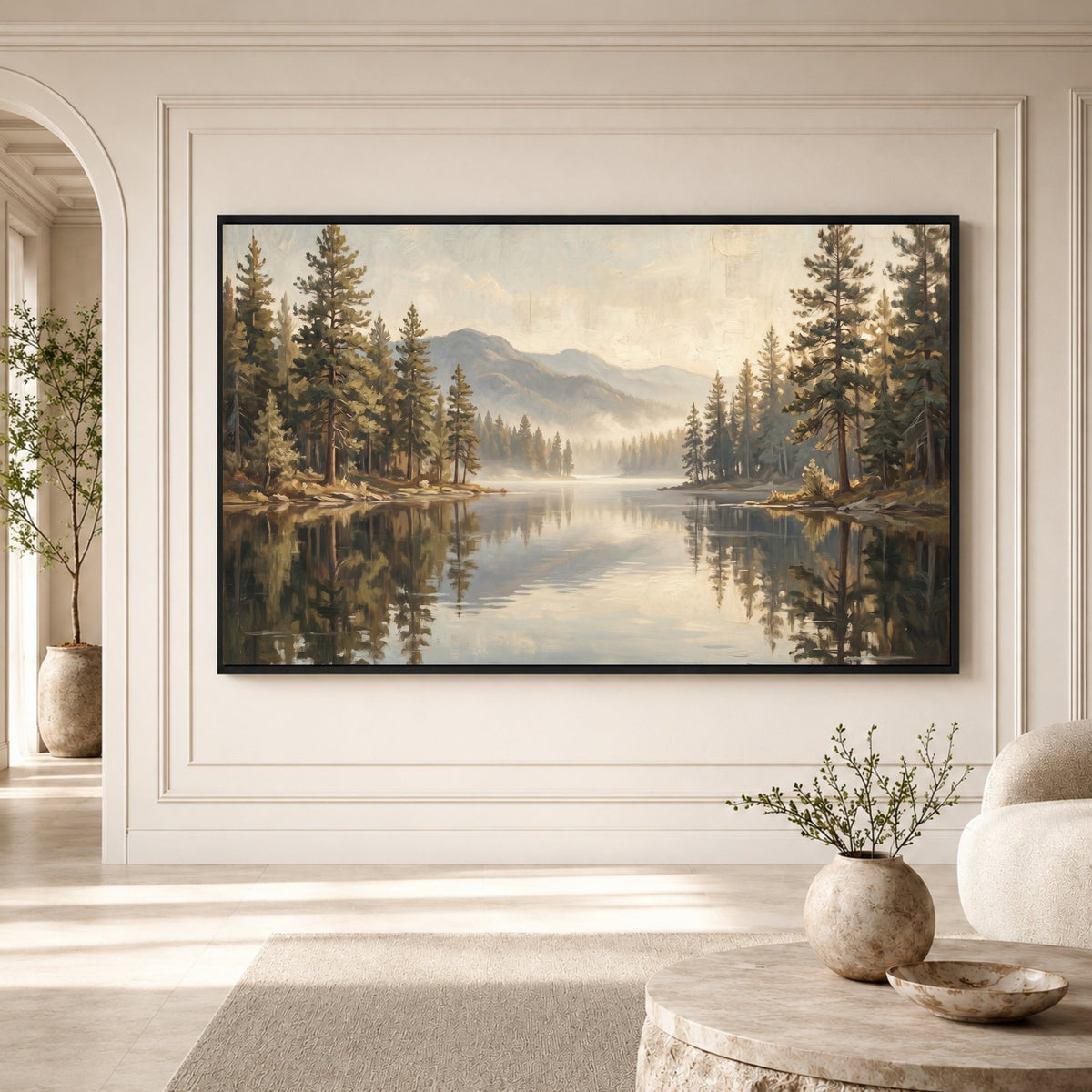 Misty Forest Lake Mountain Landscape Oil Painting Style Canvas Print Wall Art - Mockup Display 3