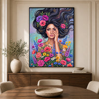 Vibrant Boho Woman & Flowers Canvas Print Wall Art, Expressive Modern Decor - Mockup Display 3