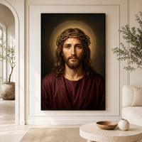 Jesus Christ Crown of Thorns Realistic Spiritual Portrait Canvas Print Wall Art - Mockup Display 3