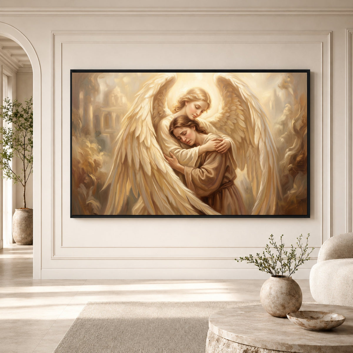 Serene Angelic Embrace Oil Painting Style Canvas Print Wall Art for Peace - Mockup Display 3