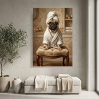 Chic Pug in Robe Oil Painting Style Canvas Print Wall Art for Bathroom Decor - Mockup Display 3