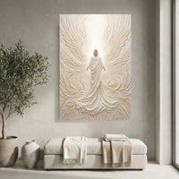Divine Figure Textured Relief Style Angelic Wings Canvas Print Wall Art, Ethereal Glow - Mockup Display 3