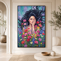 Woman in Wildflowers Oil Painting Style Canvas Print Wall Art with Vibrant Hues - Mockup Display 3