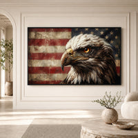 Regal Bald Eagle American Flag Oil Painting Style Canvas Print Wall Art, Rustic Decor - Mockup Display 3